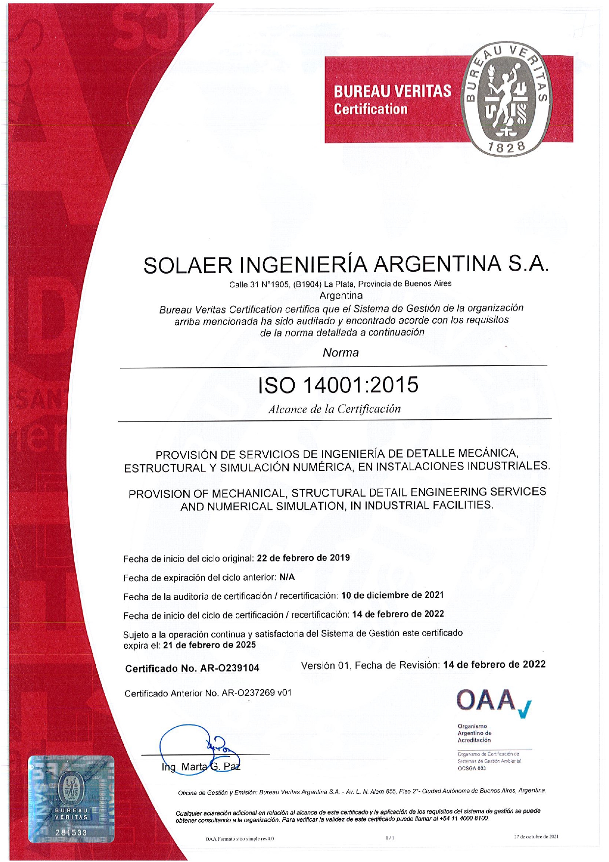 SOLAER INGENIERIA ARGENTINA S.A. (OAA 14001-2015) CERTIFICATE AR-O239104